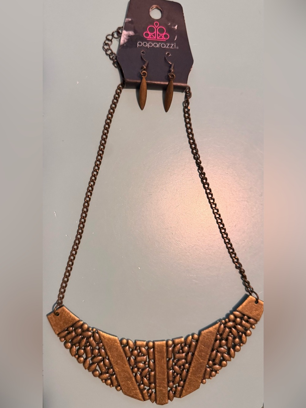paparazzi Bronze-Tone Textured Bib Necklace with Matching Drop Earrings